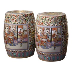 Pair of Mid-Century Chinese Porcelain Garden Stools with Figural & Floral Motifs