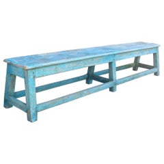 Large Scale 19th Century French Primitive Wood Bench with Original Blue Paint