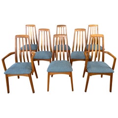 Eight Danish Style Rail-back High Back Teak Dining Chairs by Benny Linden 