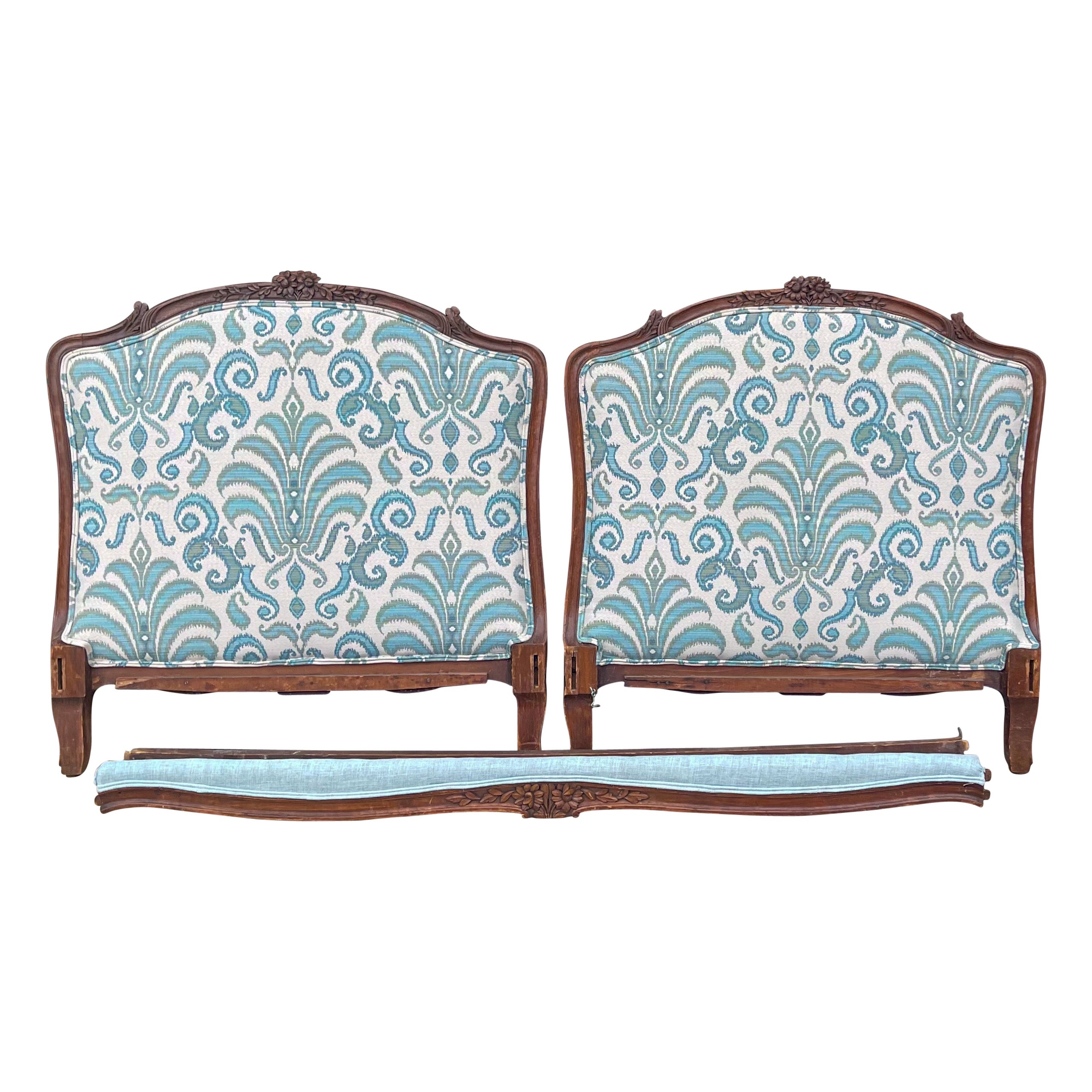 Early 20th-C. French Carved Oak Daybed or Twin Headboards in Turquoise