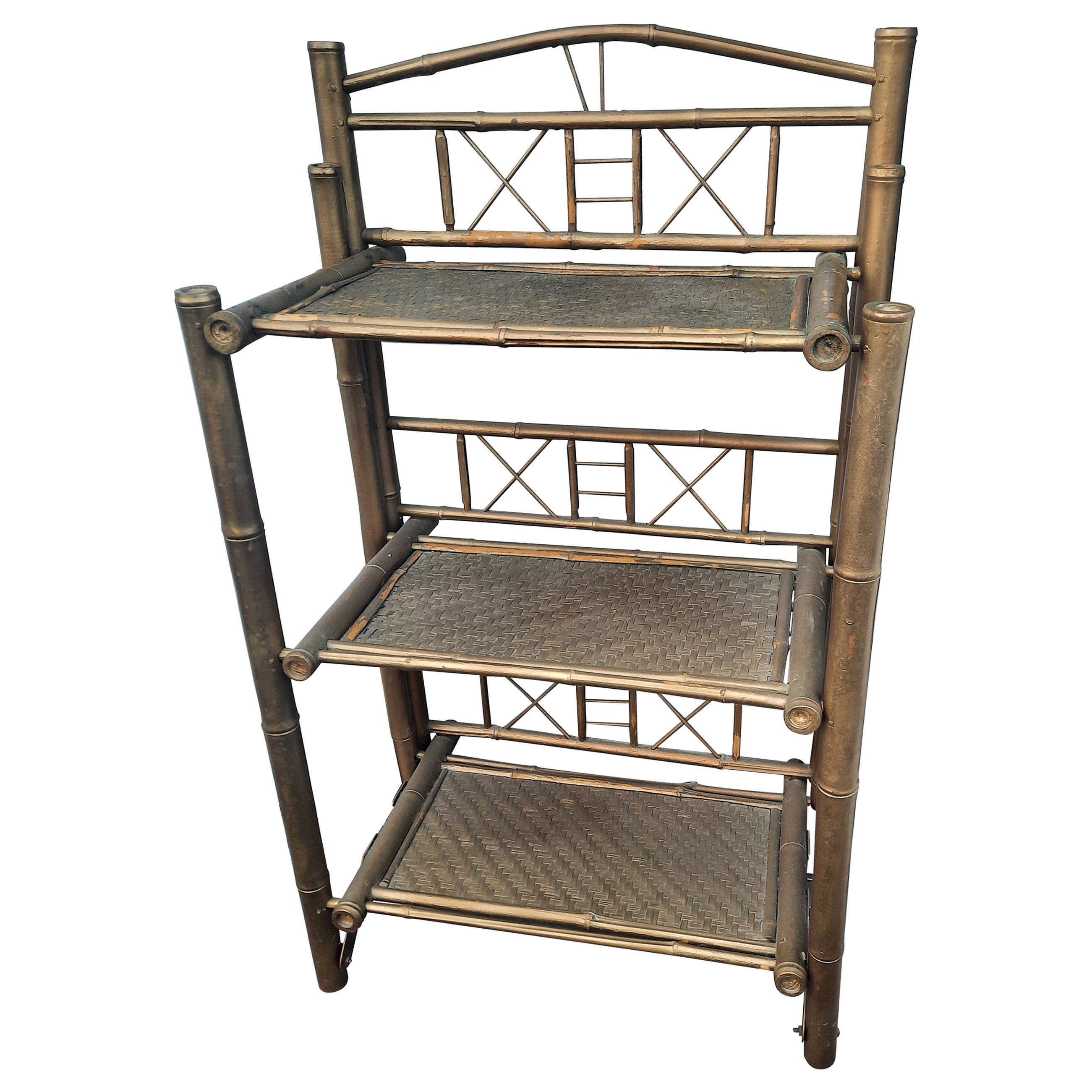 Hand-Crafted Antique Golden Tortoise Bamboo and Woven Wicker Etagere Bookshelf For Sale