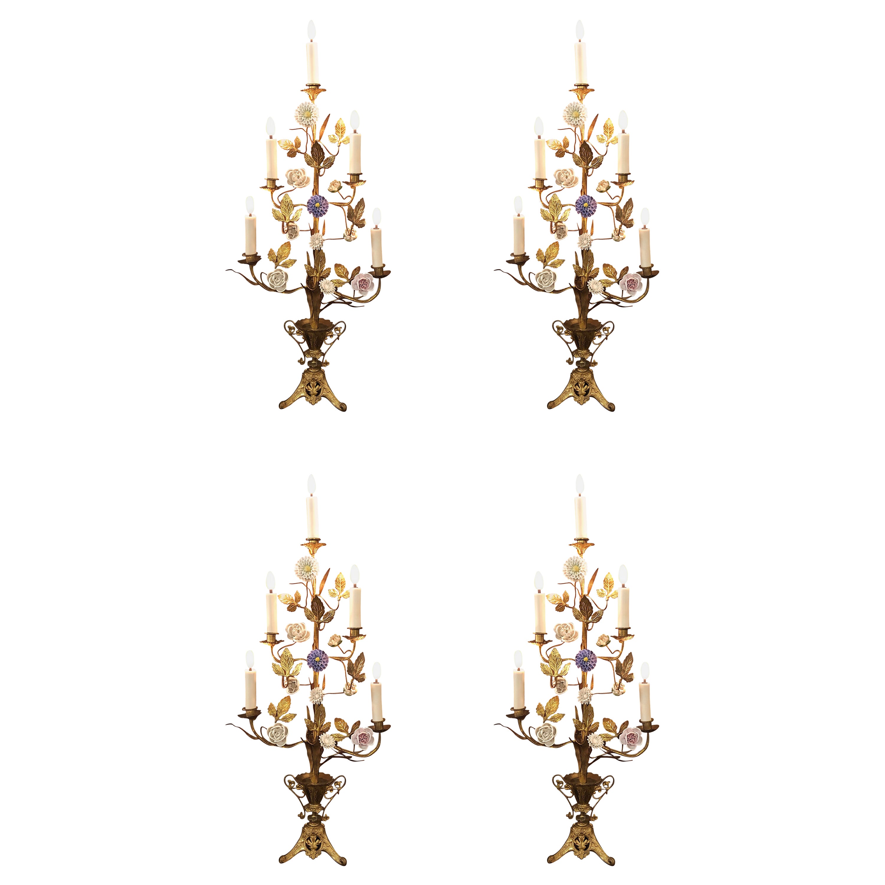 19th Century Bronze Girandoles with Porcelain Flowers, Set of Four For Sale