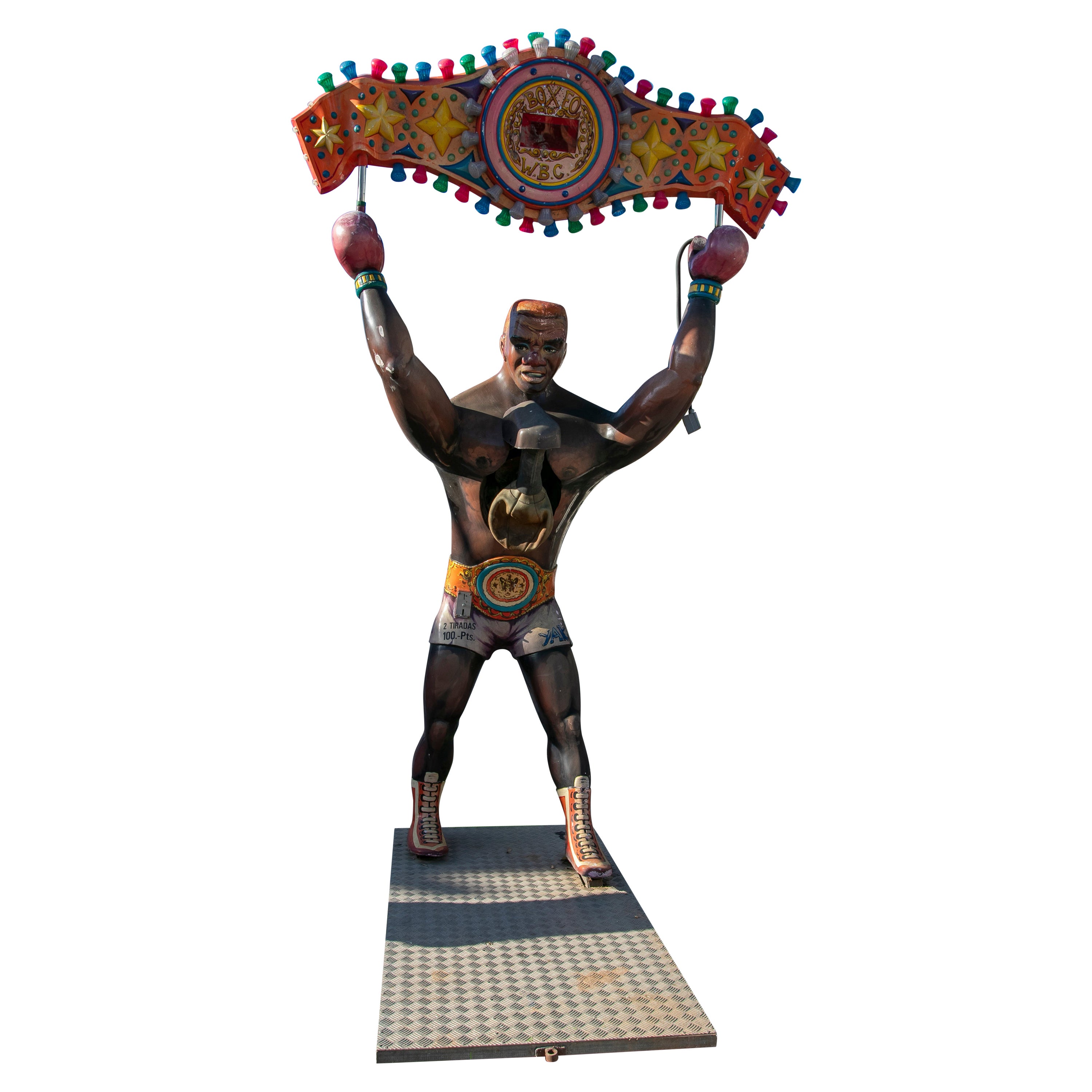 Large 1970s Spanish Hand Painted Resin Boxer Fairground Sculpture w/ Scoreboard