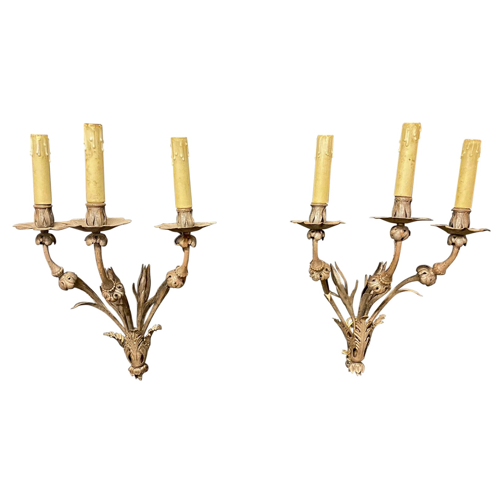 Elegant Wrought Iron Sconces from a Chateau in Central France, circa 1940/1950