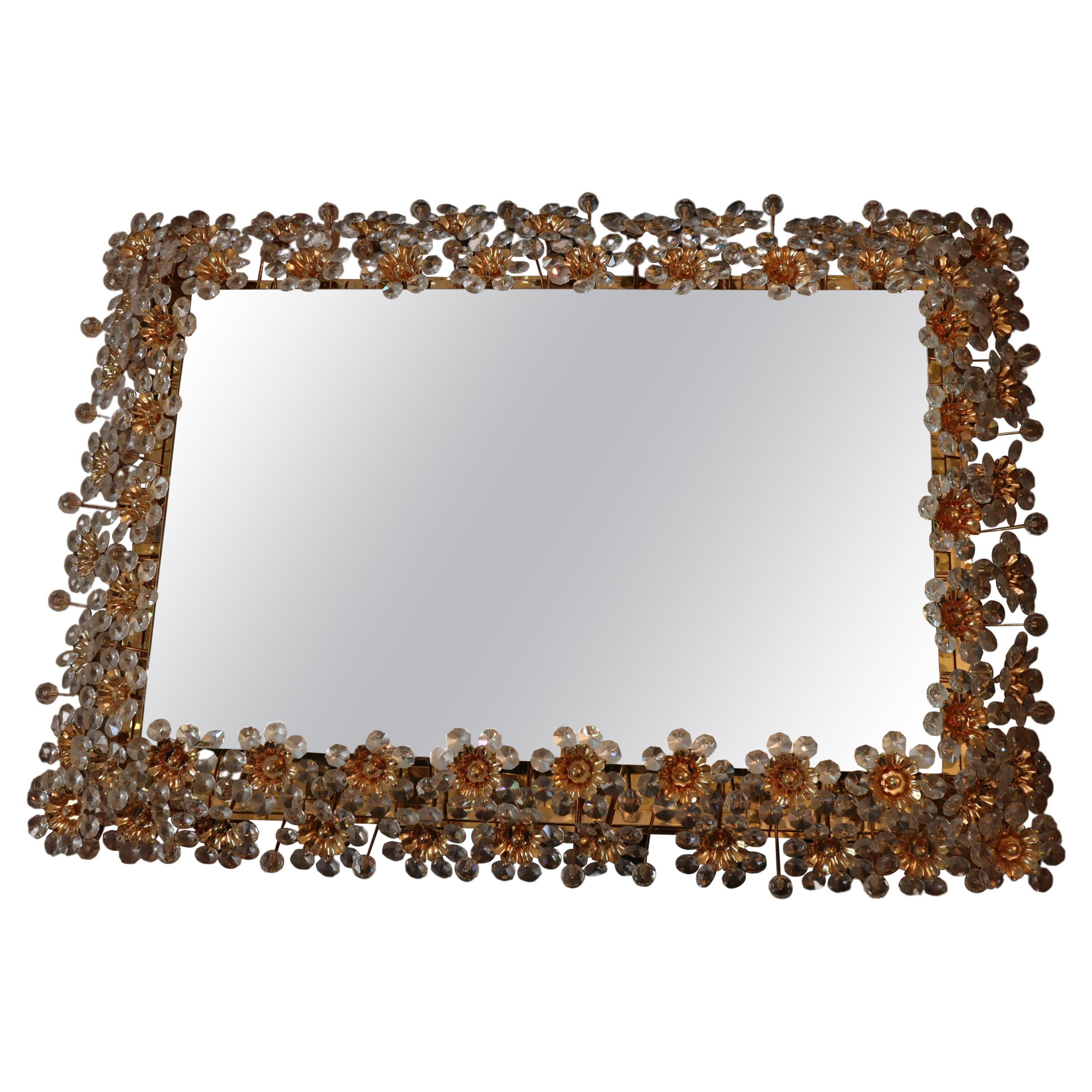 Palwa, Rectangular Backlit Wall Mirror, Gilt Brass and Crystal Flowers For Sale