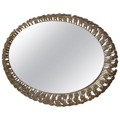 Vintage Palwa, Oval Backlit Wall Mirror, white painted metal and Crystal Flowers