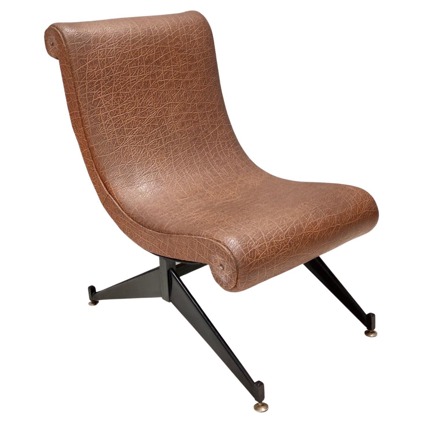 Vintage Brown Skai Lounge Chair with Black Varnished Metal Legs, Italy For Sale