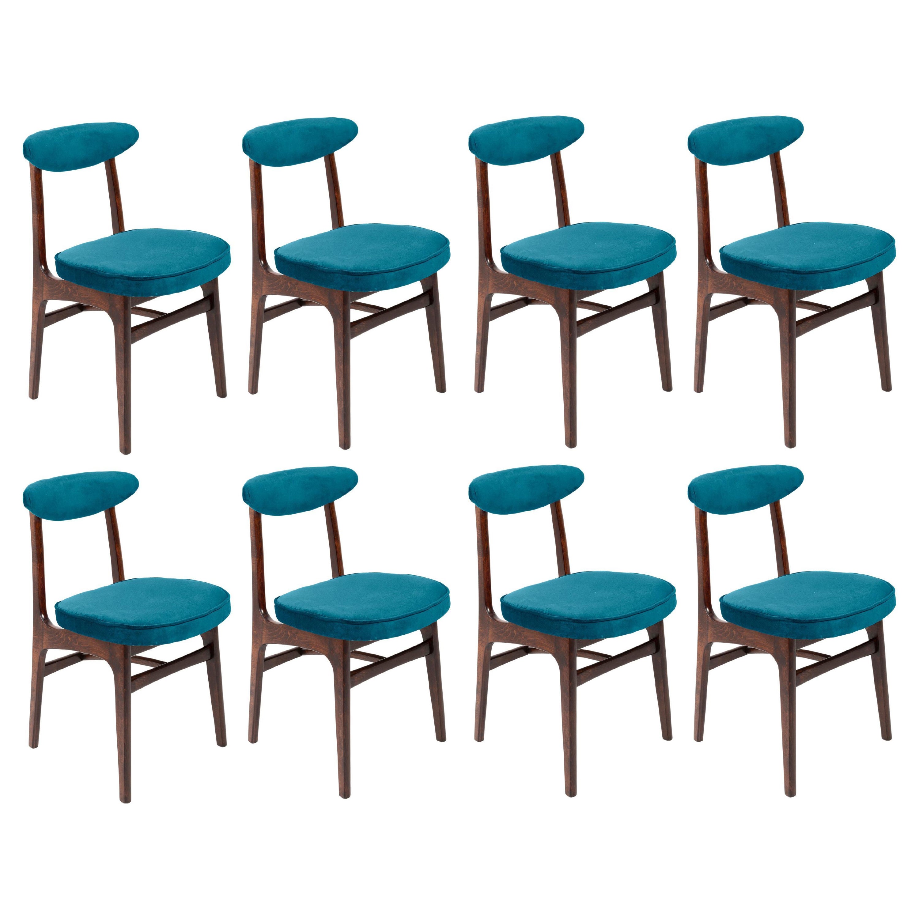 Eight 20th Century Petrol Blue Velvet Chairs by Rajmund Halas, Europe, 1960s For Sale
