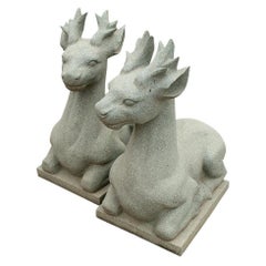 Pair of 1990 Hand Carved Green Granite Lying Deer