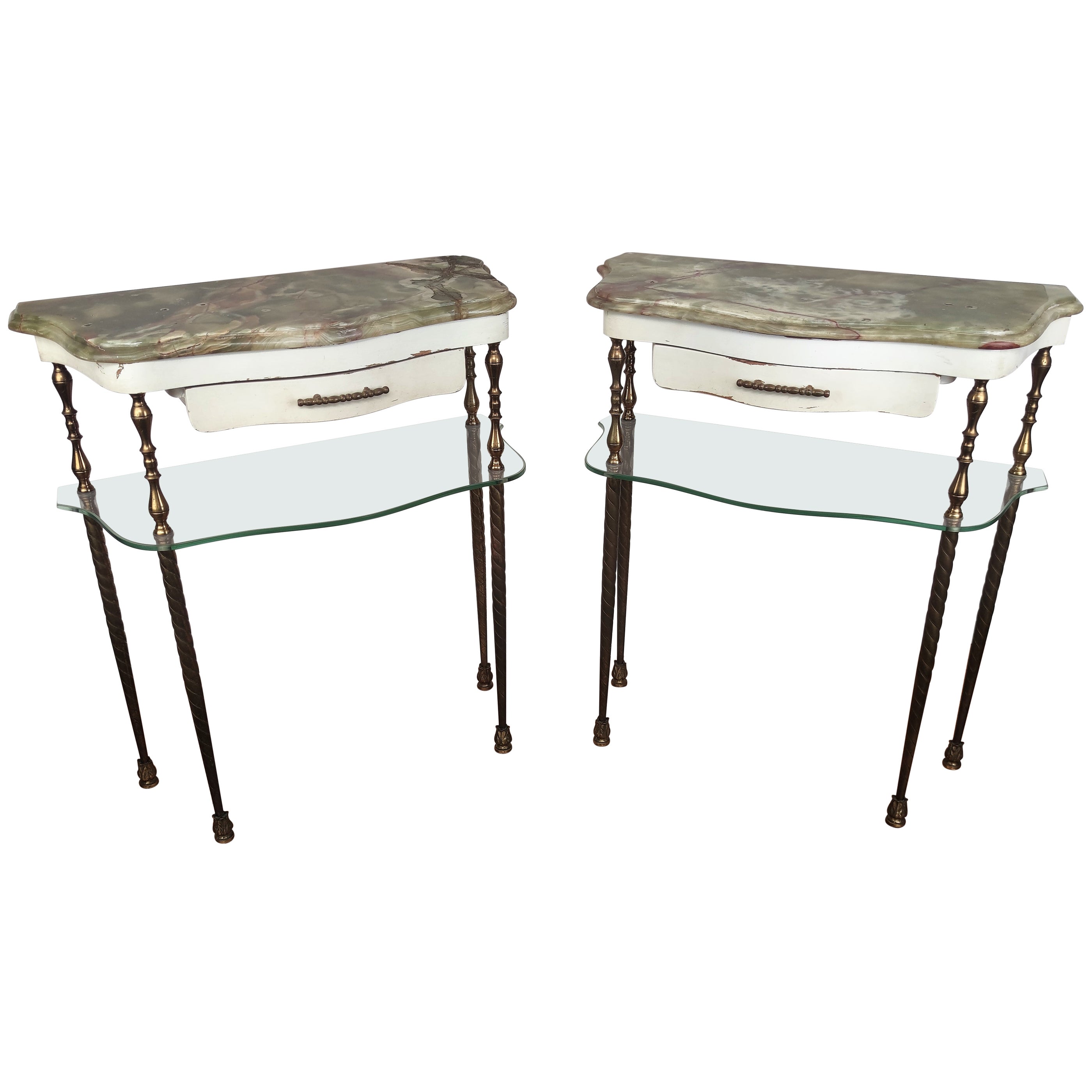 Pair of Italian Brass Marble Midcentury Art Deco Nightstands Bed Side End Tables