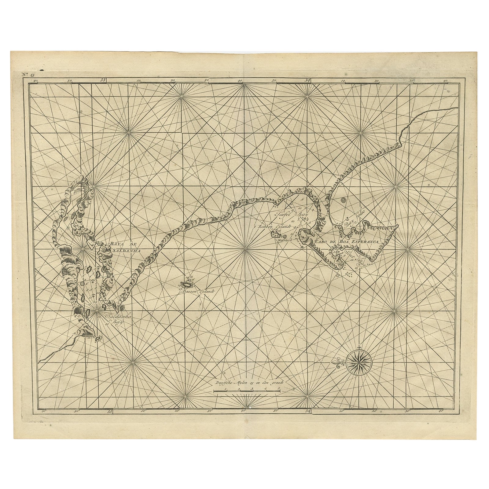 Sea Chart Titled 'Baya de Saldanha' with Robben Island in South Africa, 1726 For Sale