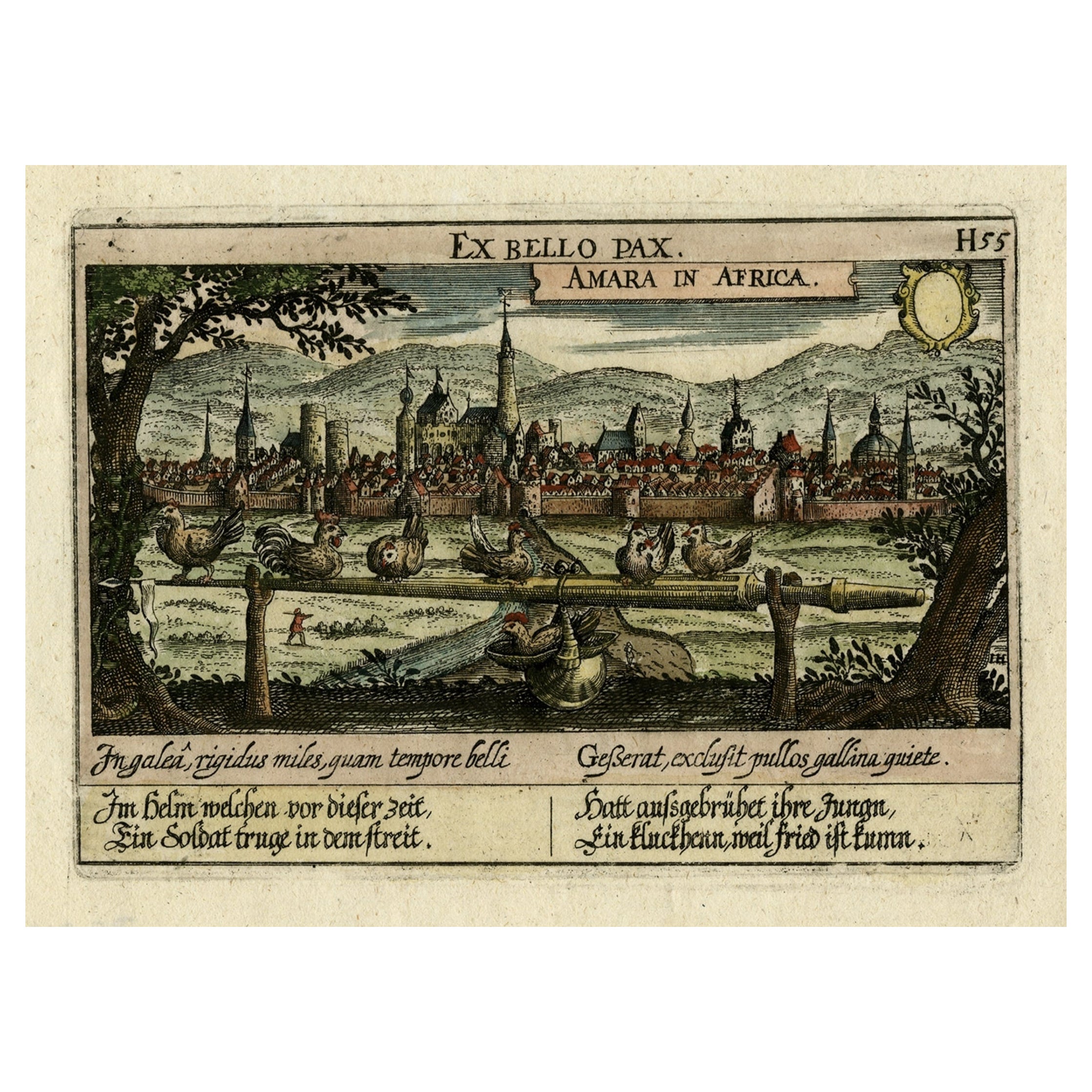 Old Print Titled from War Comes Peace, City Amara in Africa in Background, C1630 For Sale