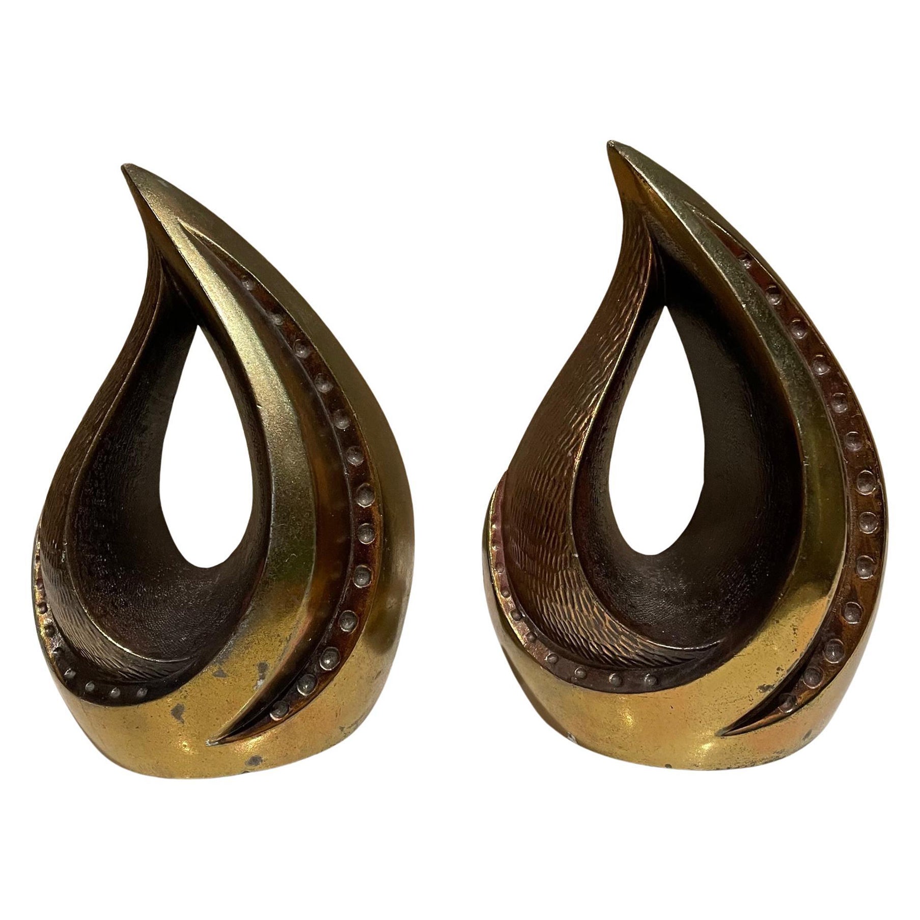 1950s Ben Seibel Modern Brass Bookends Sculptural Tear Drop Flame