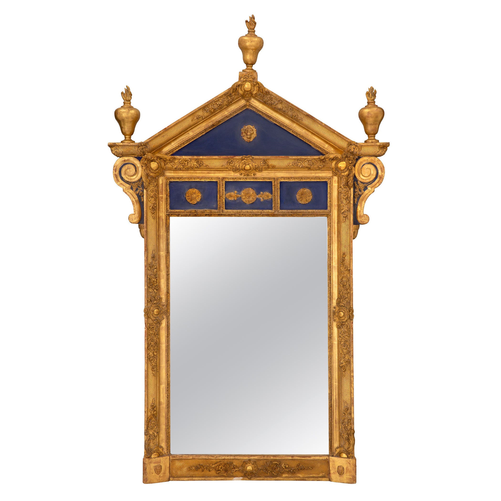 Italian Giltwood and Patinated Cobalt Blue Mirror For Sale