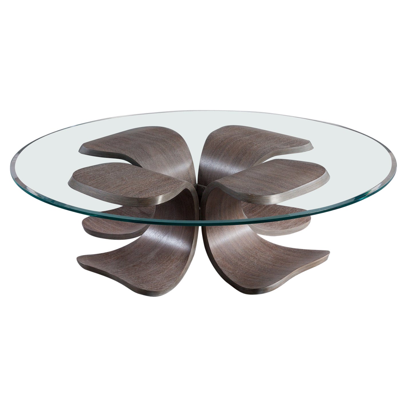 Modern Glass Coffee Table with Brazilian Rosewood “Orchid” Petal Base For Sale