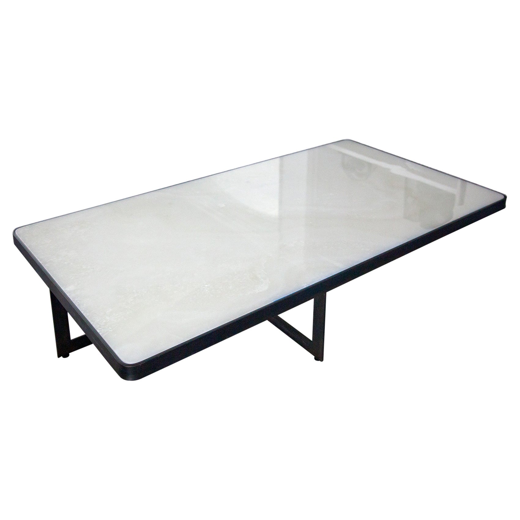 White Quartzite Coffee Table with Blackened Steel Cross Base For Sale
