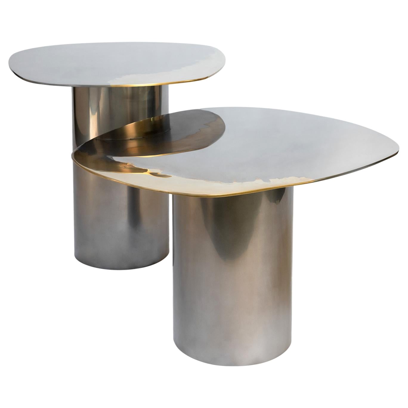 Custom Polished Bimetal Brass Stainless Steel Transition Side Tables  For Sale