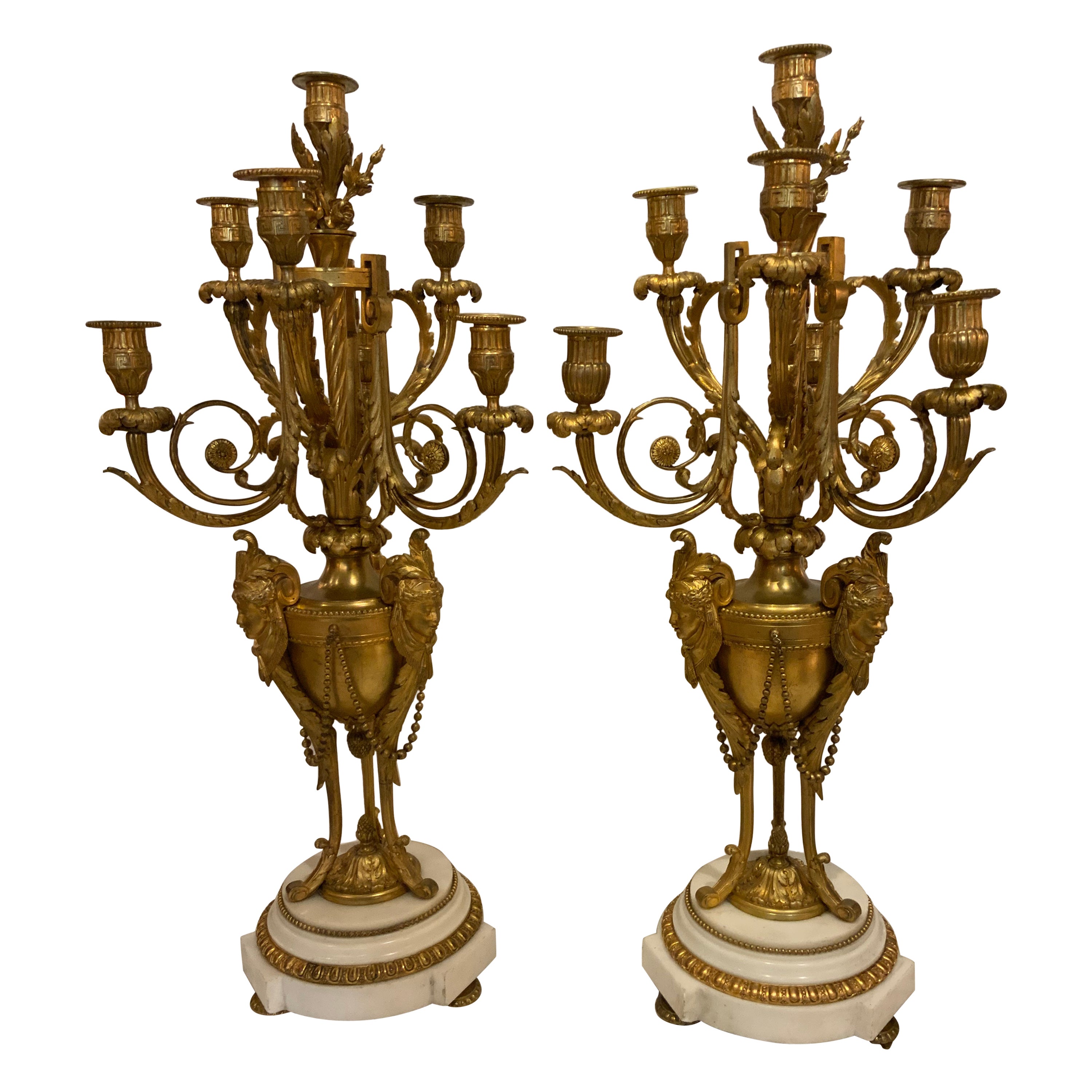 Pair of French Bronze Dore and Marble Seven Light Candleabrum, 19th Century