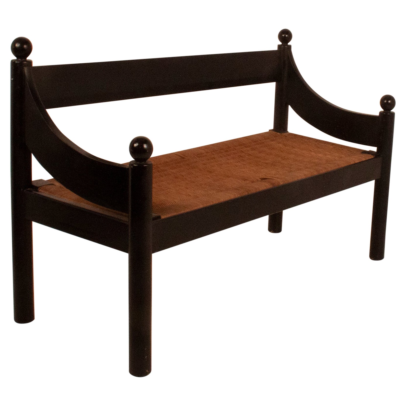 Bench in Black Lacquered Wood and Rush, by Joaquin Belsa, Spain 1970's
