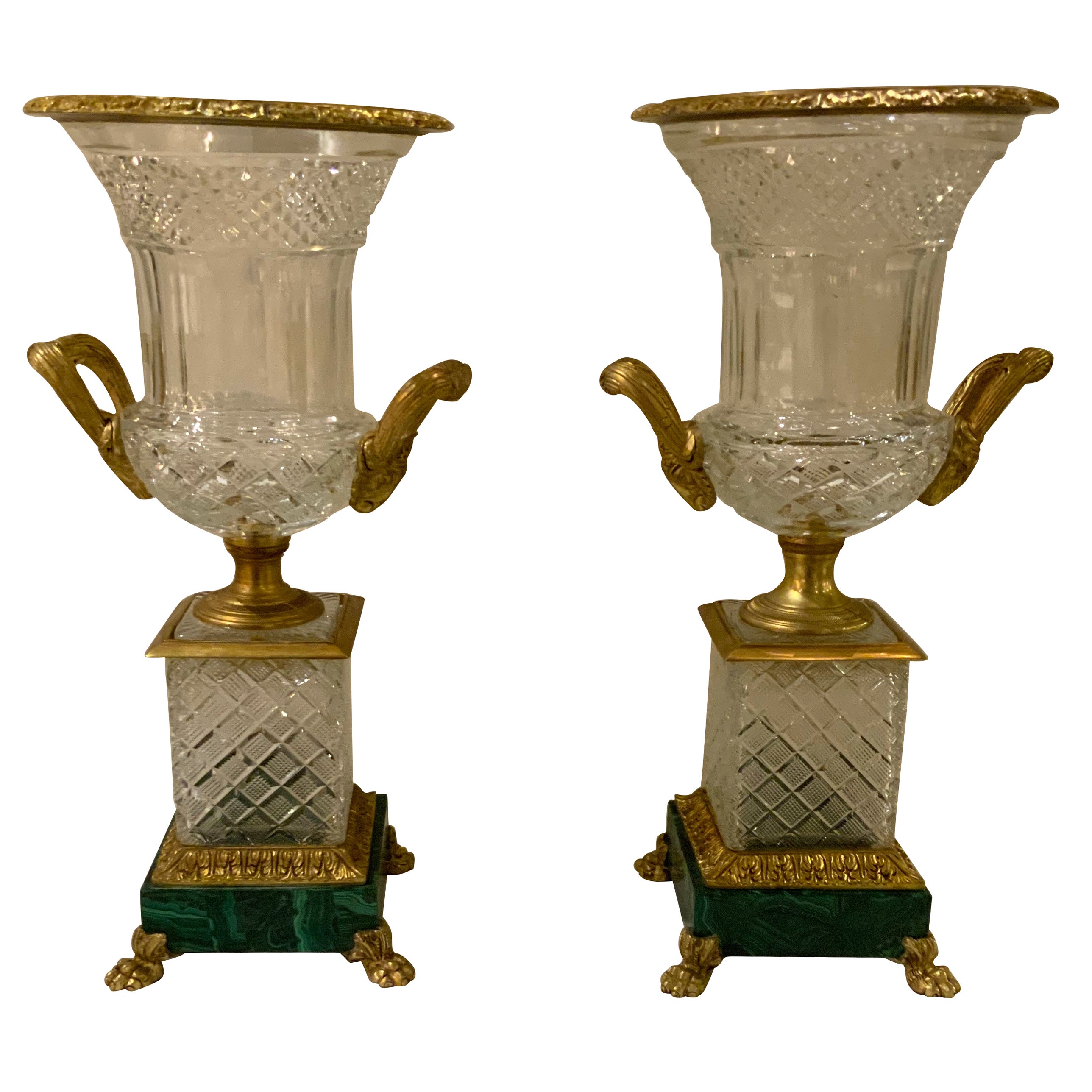 Pair of French Baccarat Style Cut Crystal Urns, Bronze Dore Mounts on Malachite