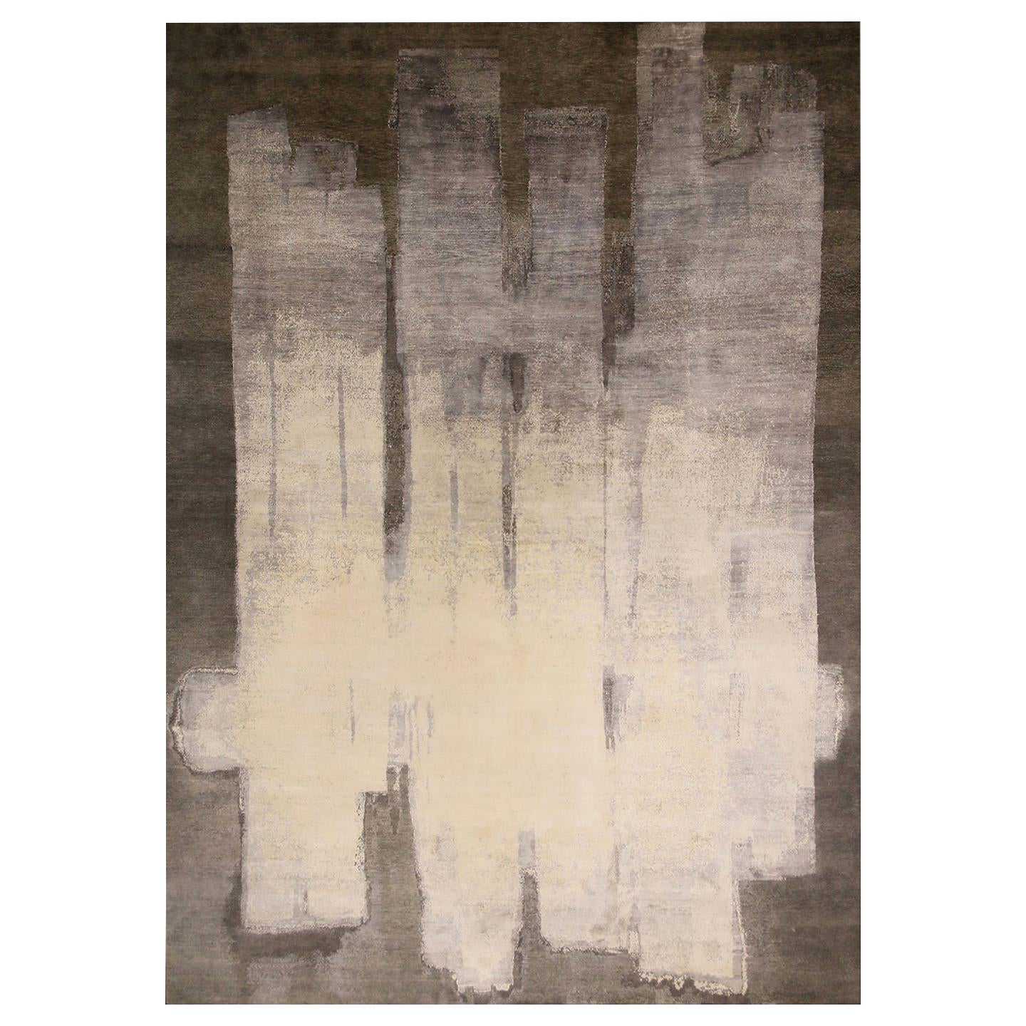Rug & Kilim's Contemporary Paint Strokes White and Gray Wool and Silk Rug