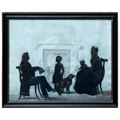 Antique Family Silhouette Scene with Two Children and Dog Attributed to Auguste Edouart