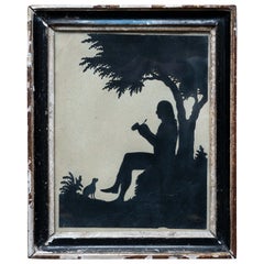 Antique 19c Silhouette Scene of a Man Smoking a Pipe with His Dog Attributed A. Edouart