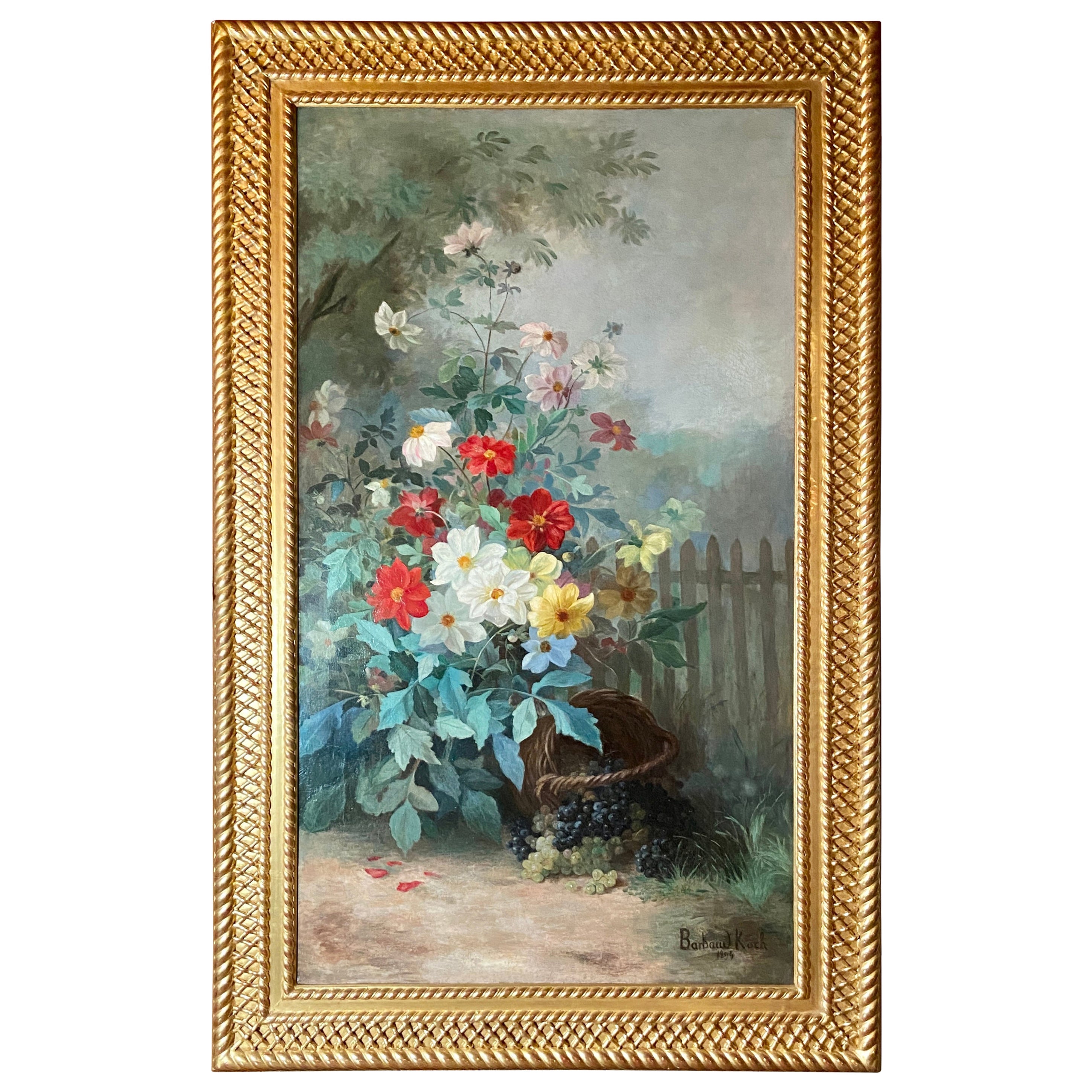 Antique French Oil on Canvas Floral Painting Signed "Barbaud Koch, 1899." For Sale