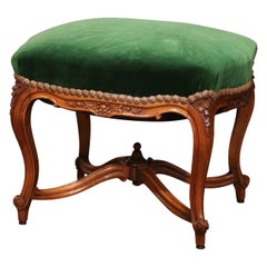 19th Century French Louis XV Provincial Walnut & Velvet Stool from Provence