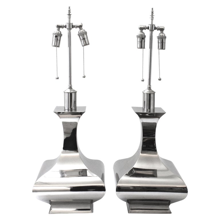 Pair of Stainless Steel Table Lamps For Sale