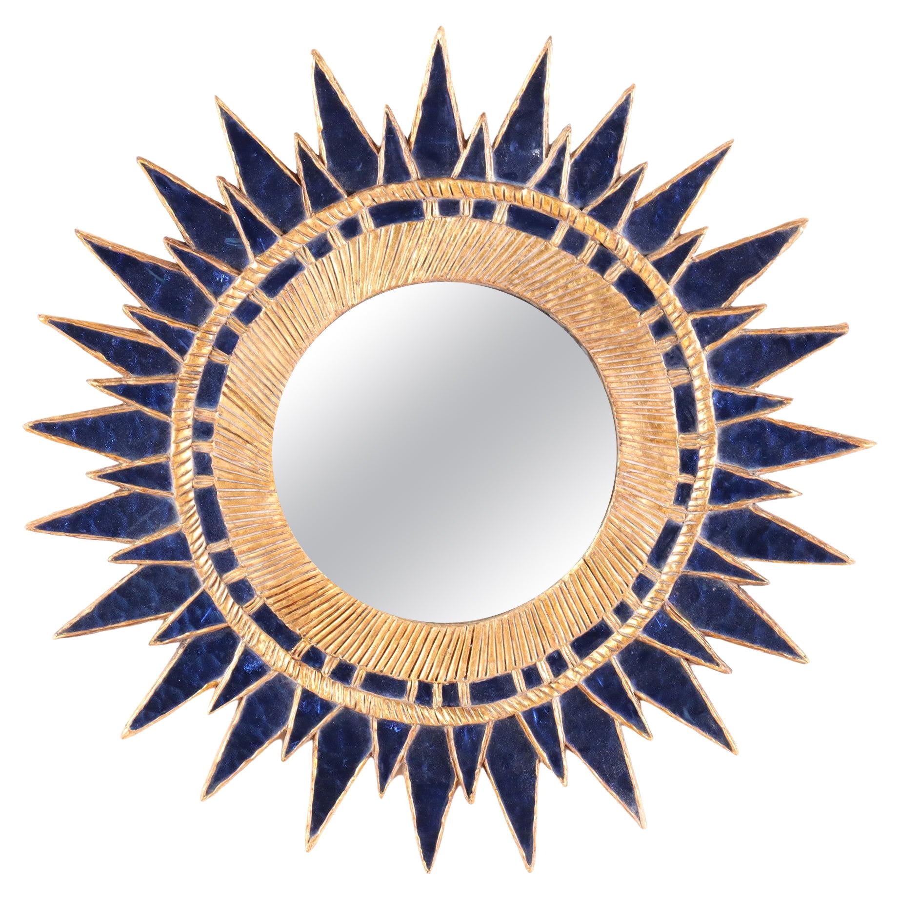 Dark Blue Sunburst Mirror, in the Manner of Line Vautrin, Contemporary