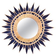 Dark Blue Sunburst Mirror, in the Manner of Line Vautrin, Contemporary