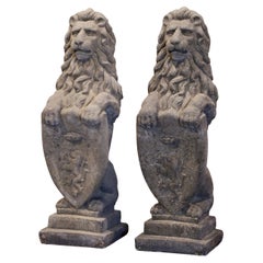 Pair of French Weathered Carved Cast Stone Garden Statuary Wescott Lions
