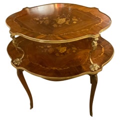 Antique French, 19th C. Two-Tier Tea Table with Marquetry Inlay, Louis XV-Style