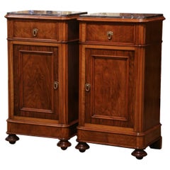 Antique Pair of 19th Century French Louis Philippe Marble Top Walnut Bedside Tables