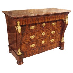 Exceptional French Empire Commode in Flame Mahogany with Swan Pulls, Circa 1820
