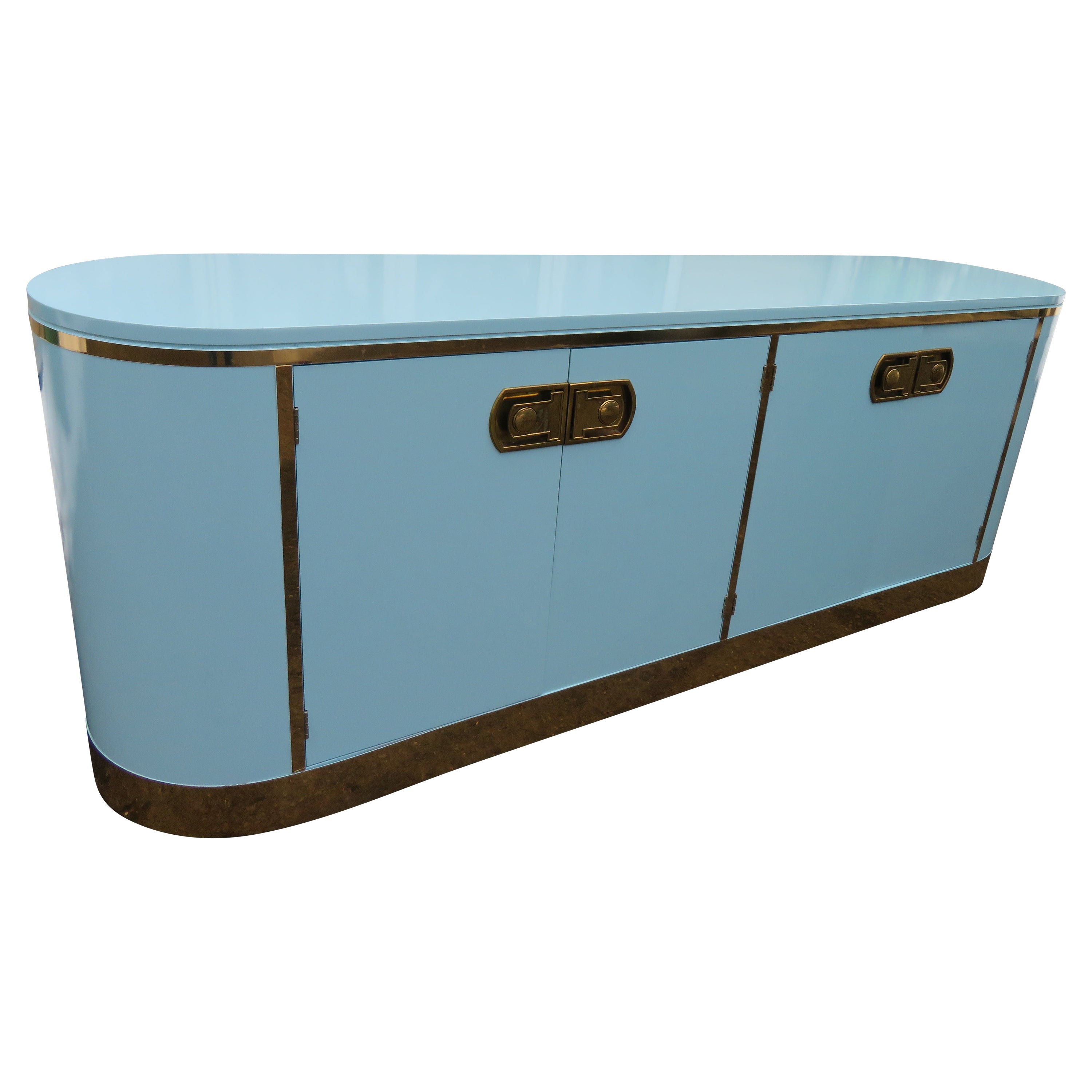 Marvelous Tiffany Blue Mastercraft Pill Shaped Credenza Mid-Century Modern For Sale