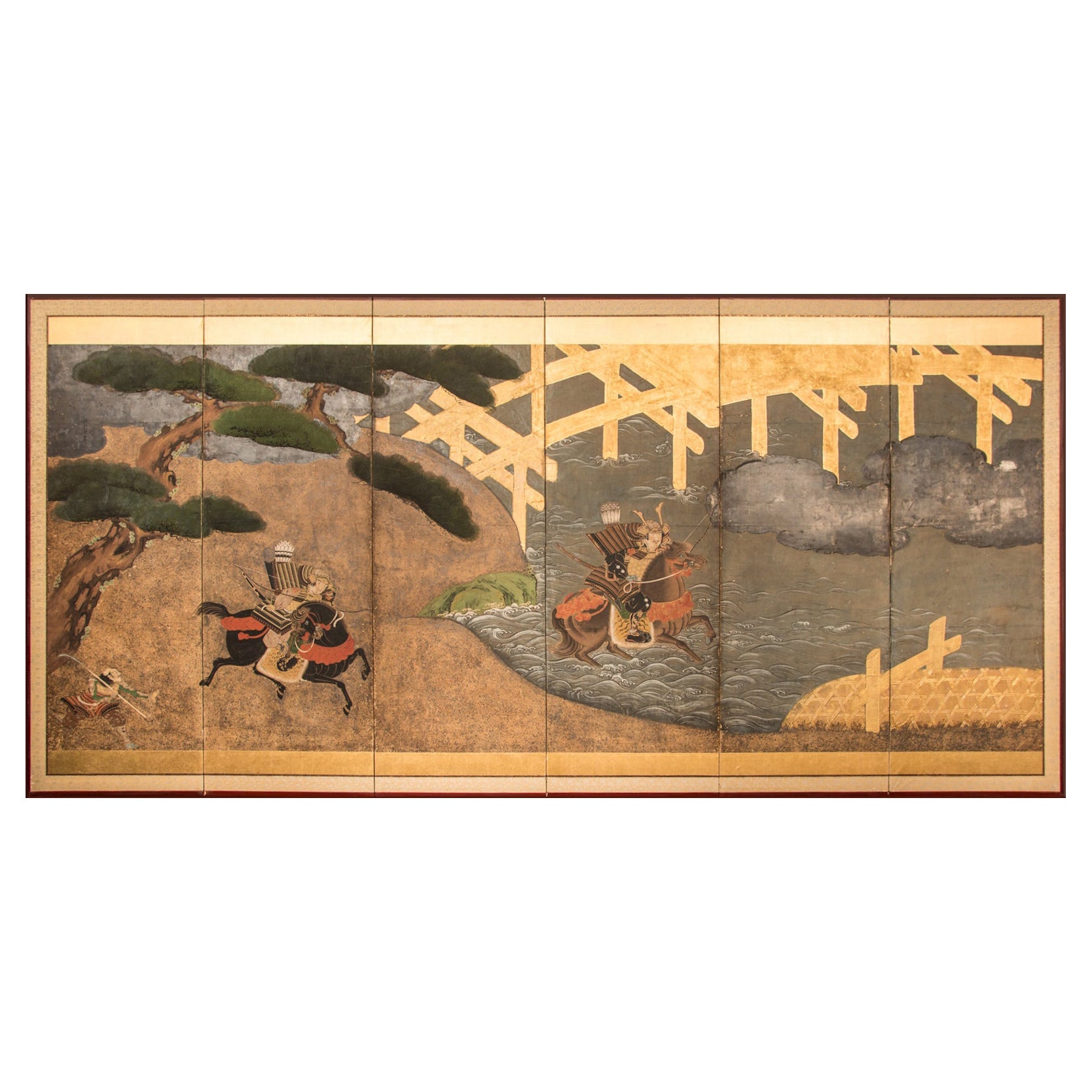 Japanese Six Panel Screen Battle of Uji Bridge For Sale at 1stDibs