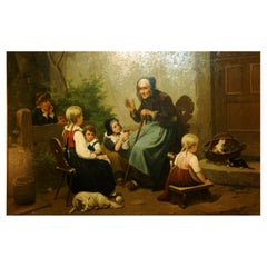 English 19th Century Original William Poole Genre Painting Granny Tells the Tale