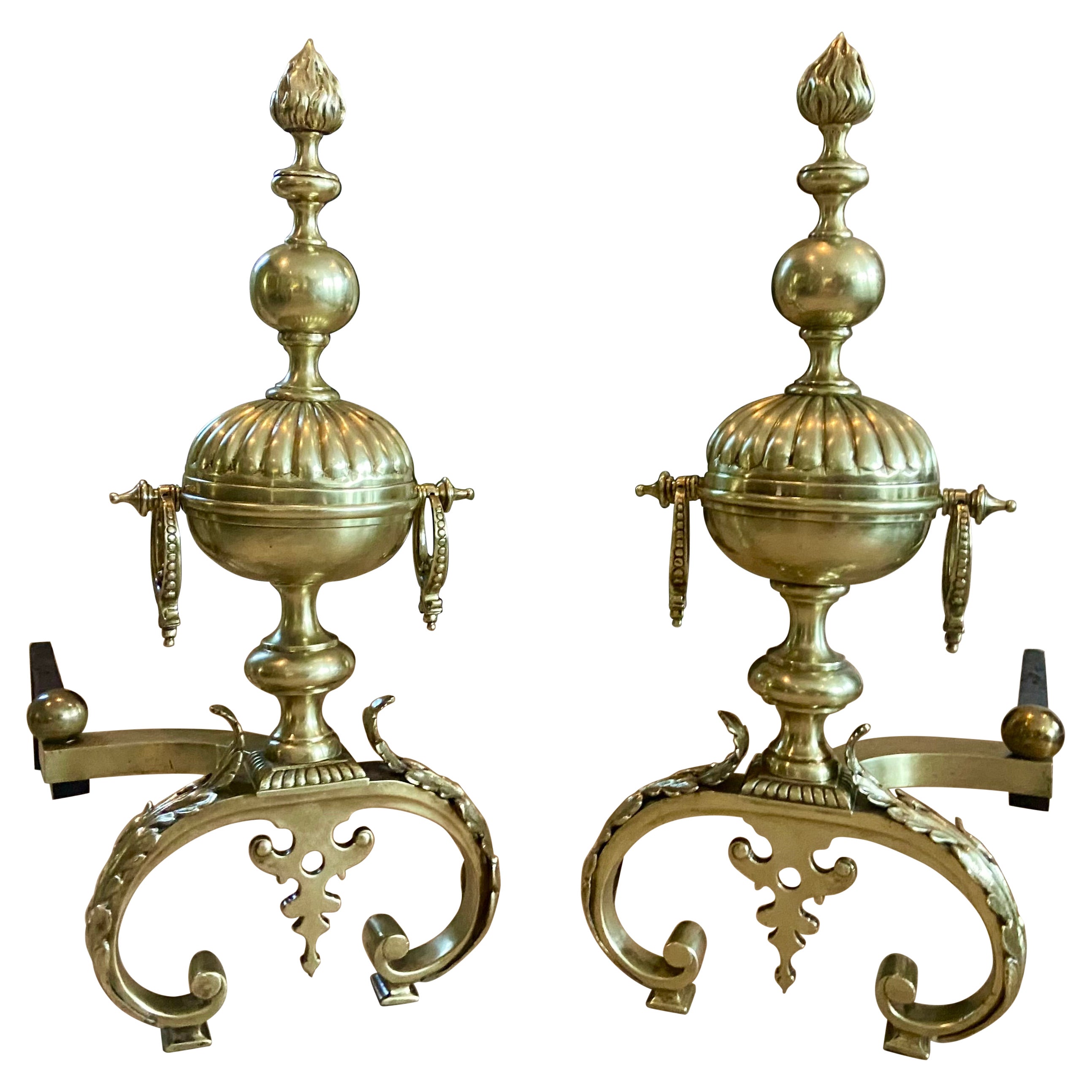 Pair Continental Neoclassic Brass Baluster Flame Andirons For Sale