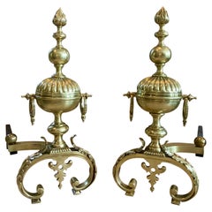 Pair Continental Neoclassic Brass Baluster Flame Andirons