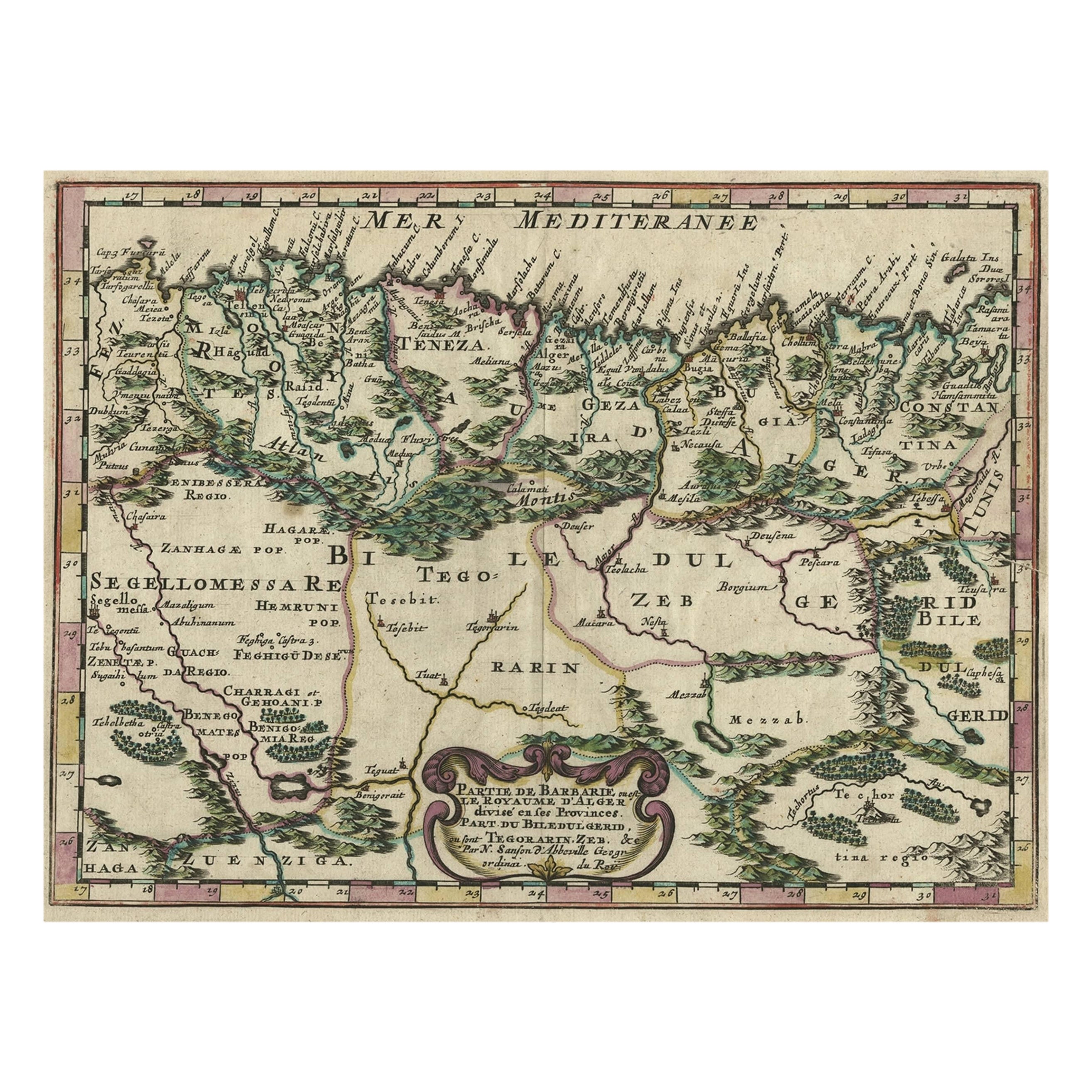 Carte gravée sur cuivre montrant la côte algérienne de l'Afrique du Nord, publiée en 1683