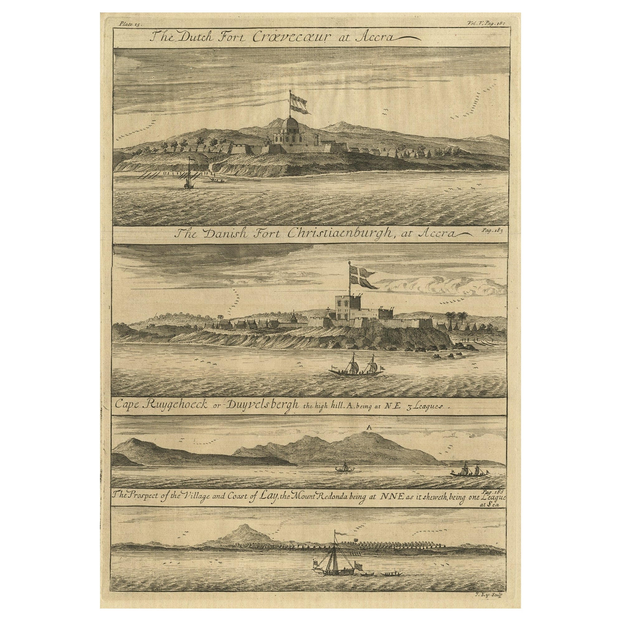 Rare gravure de Forts néerlandais et danois sur la côte de l'or d'Afrique de l'Ouest, 1744