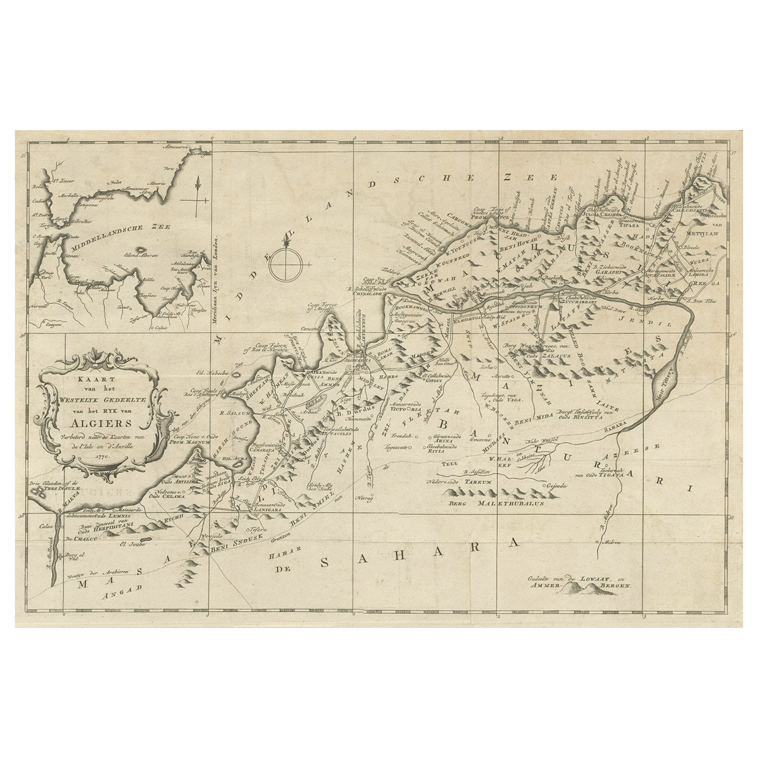 Old Map of the Western Region of the Kingdom of Algiers, Algeria, 1773 For Sale