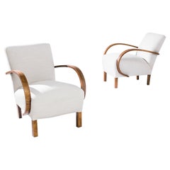 1950s Natural White Upholstered Armchairs by J. Halabala, a Pair