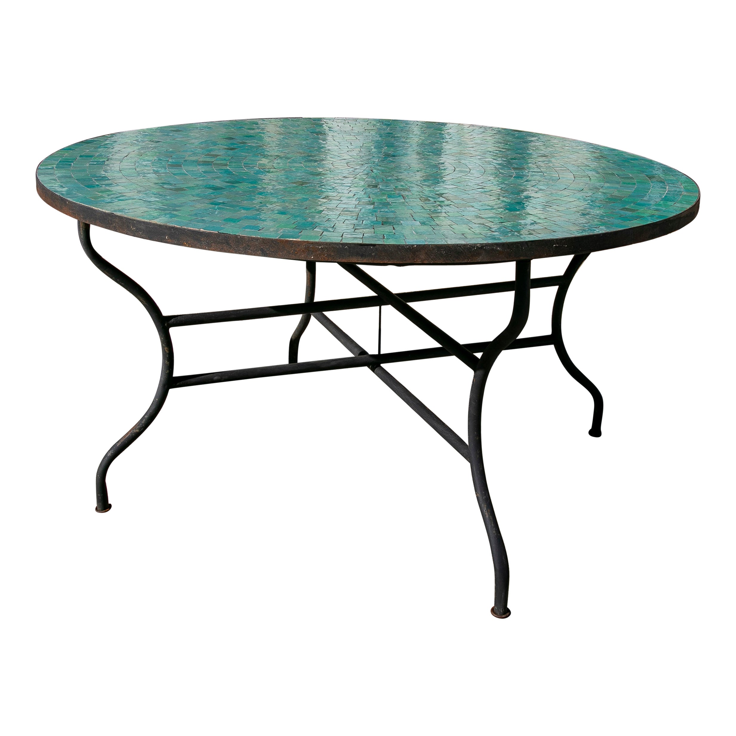 Modern Round Spanish Green Glazed Zellige Tiles Mosaic Outdoor Table & Iron Base