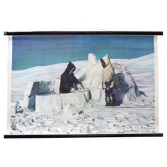 Antique Wall Chart Countrycore Poster Igloo with Eskimo Arctic Winter Lifestyle