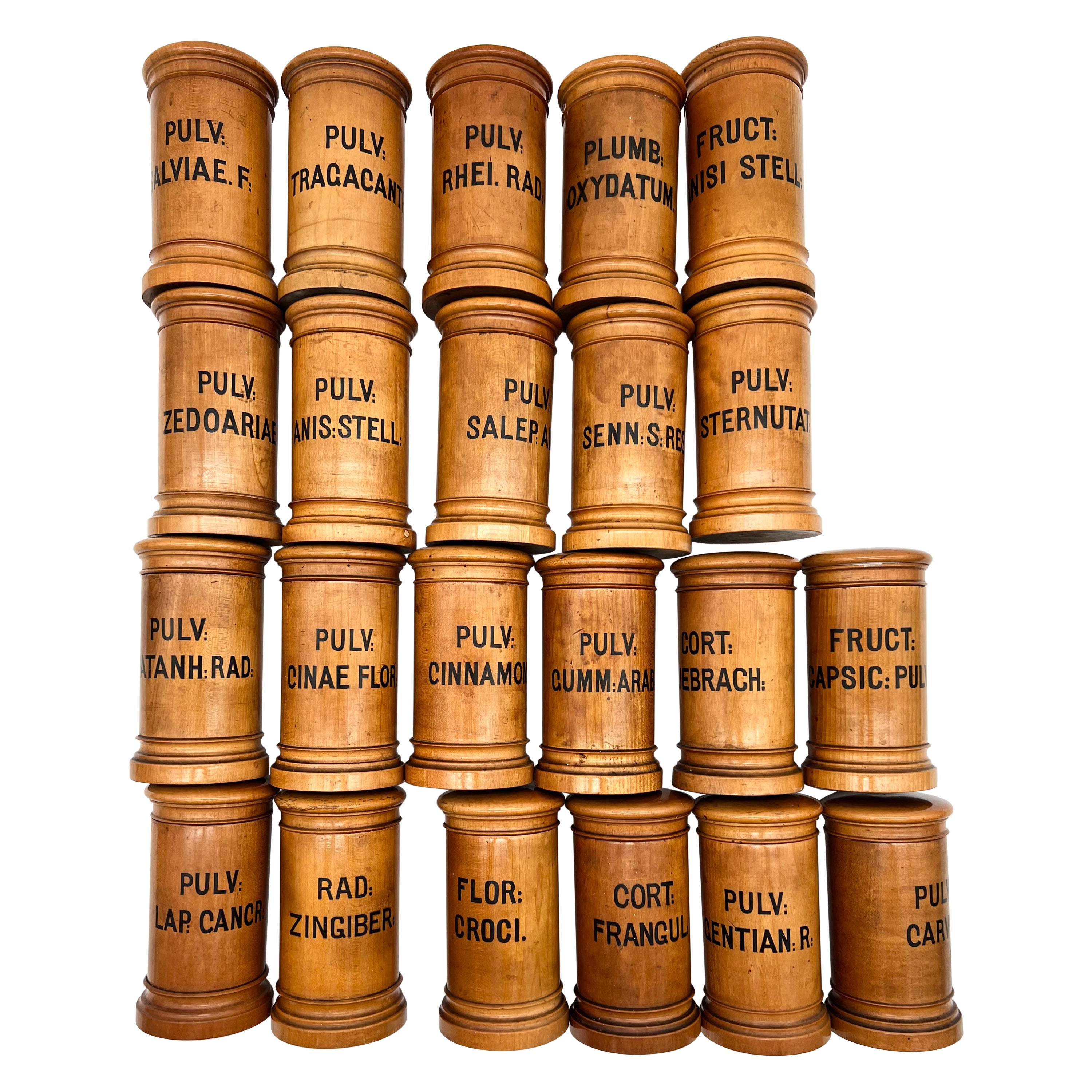 Late 19th Century Wooden Viennese Pharmacy Containers in the Set of 22 Pieces For Sale