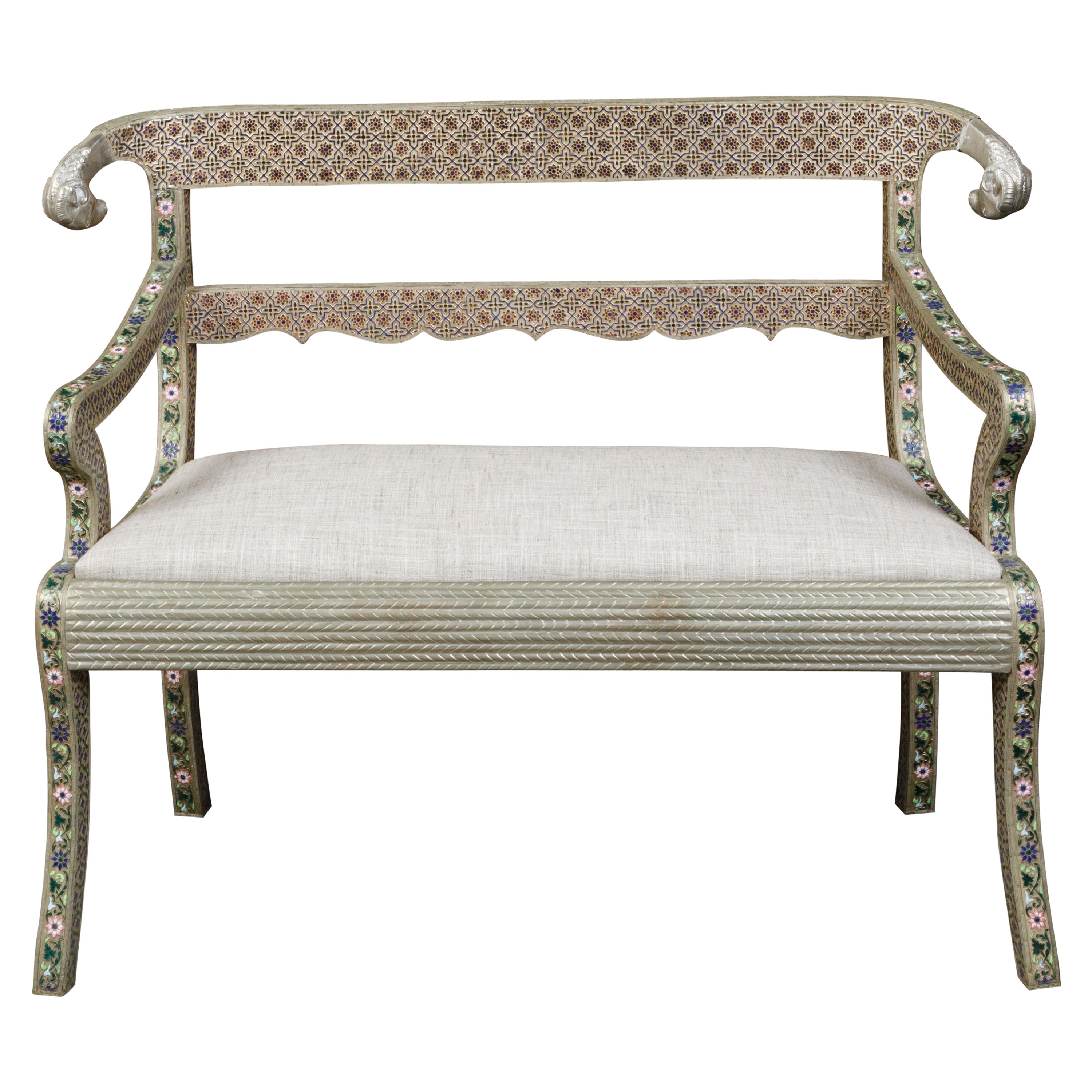 1930s Moroccan Metal Upholstered Settee with Enamel Décor and Rams' Heads