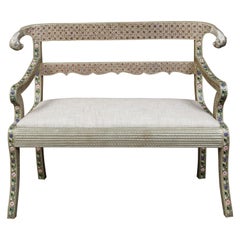 1930s Moroccan Metal Upholstered Settee with Enamel Décor and Rams' Heads